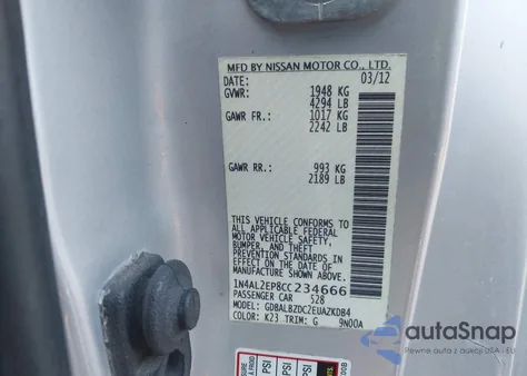 2012 Nissan Altima 2.5 S z USA, uszkodzony, nr VIN 1N4AL2EP8CC234666